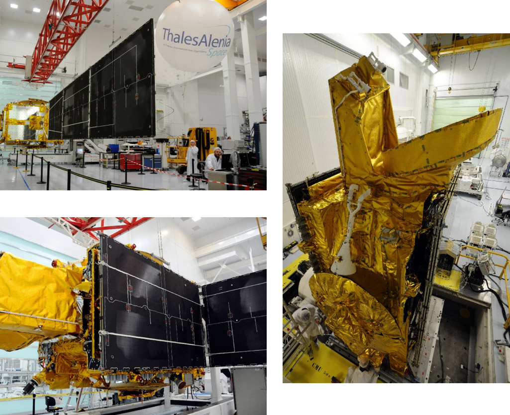 Le satellite Rascom-QAF1R en cours d'intégration dans les l'usine cannoise de Thales Alenia Space. Crédit Thales Alenia Space