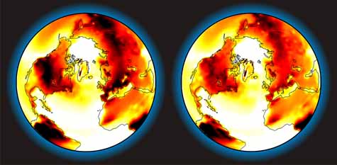 La Terre à la fin de ce siècle. Les températures les plus chaudes sont représentées en rouge foncé. A gauche, selon les estimations actuelles. A droite, réchauffement moins important grâce aux cultures promues par Andy Ridgwell. Crédit : Joy Singarayer