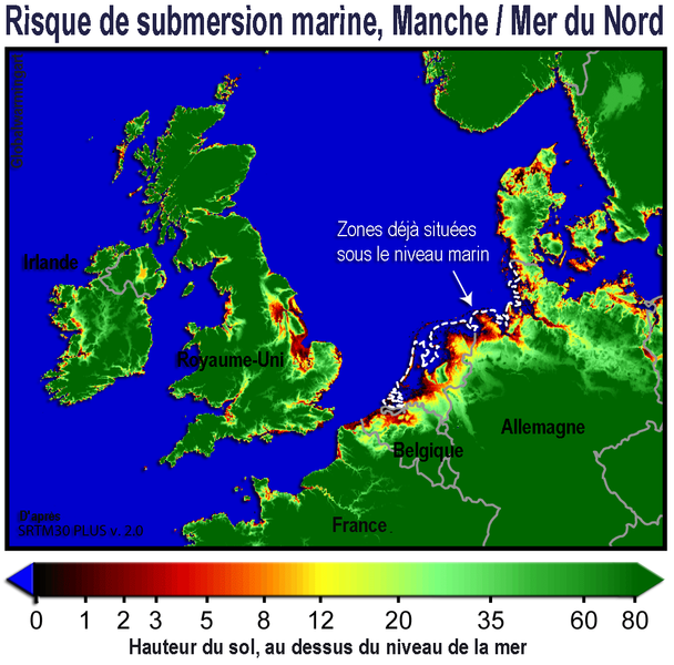 Zones à risque de submersion en Manche et en Mer du Nord. © Lamiot CC by-sa