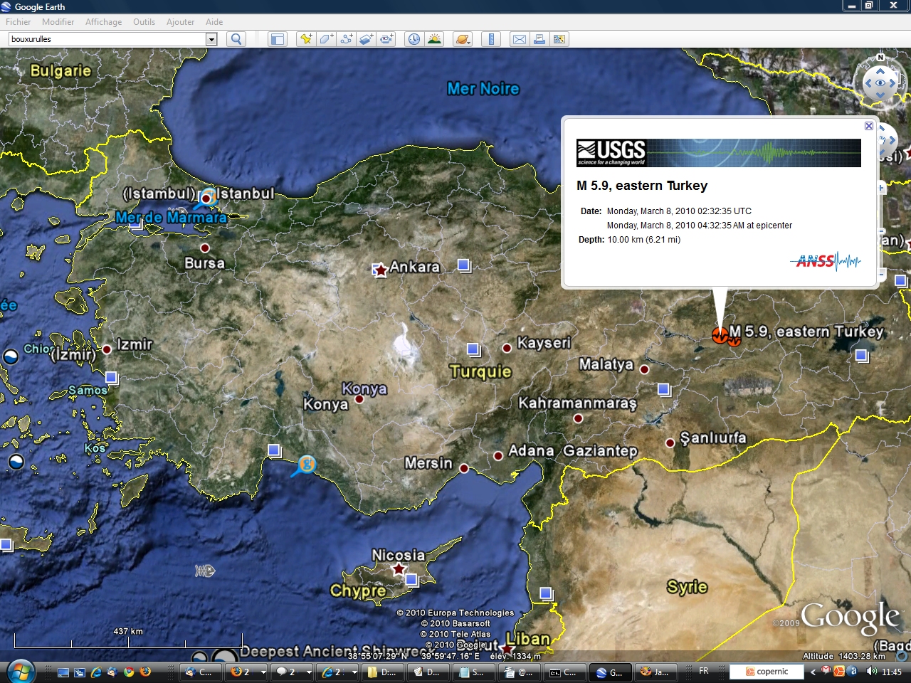 Le séisme s'est produit à environ 10 kilomètres de profondeur dans la partie est de l'Anatolie. Le village de Okcular a été le plus touché. © Google Earth / ANSS (Advanced National Seismic System)