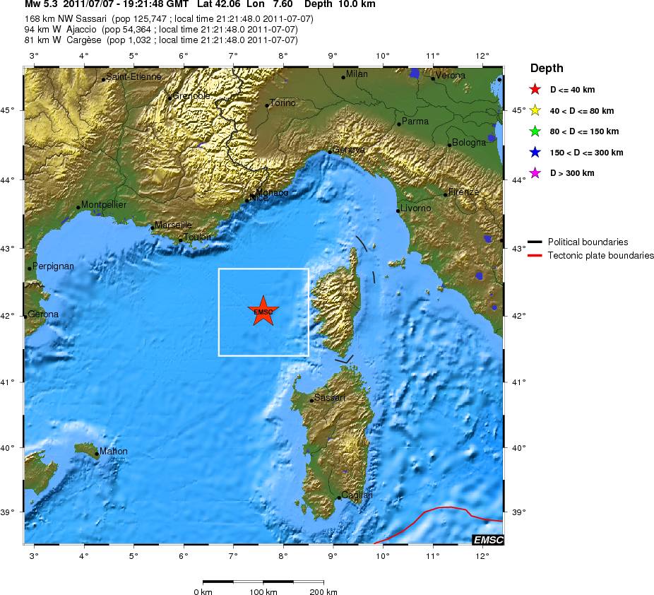 Le séisme du jeudi 7 juillet, à 19 h 21 TU, à 94 kilomètres à l'ouest d'Ajaccio. Magnitude : 5,3. Profondeur : 10 kilomètres. © CSEM