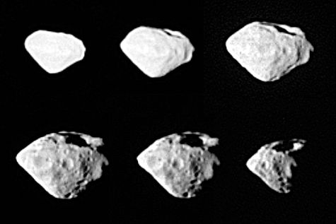 L’astéroïde Steins, vu par la caméra grand angle Osiris de la sonde européenne Rosetta le 5 septembre 2008. Un remarquable alignement de cratères est visible verticalement, de face sur l’image centrale de la rangée inférieure. Crédit Esa