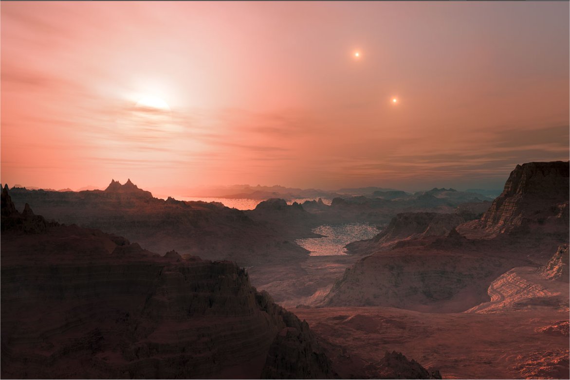 Une vue d'artiste d'un ciel éclairé par une naine rouge sur une planète tellurique, quelque part dans la Voie lactée... © ESO