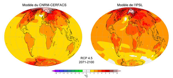 Les variations de température à la surface de la Terre pour la période 2071-2100 par rapport à la période 1971-2000, calculées en utilisant les modèles du CNRM-Cerfacs et de l'IPSL pour le projet CMIP-5. Les modèles CMIP-5 seront utilisés par le Giec pour son 5e rapport.&nbsp;© Patrick Brockmann (LSCE, IPSL, CEA,&nbsp;CNRS, UVSQ)