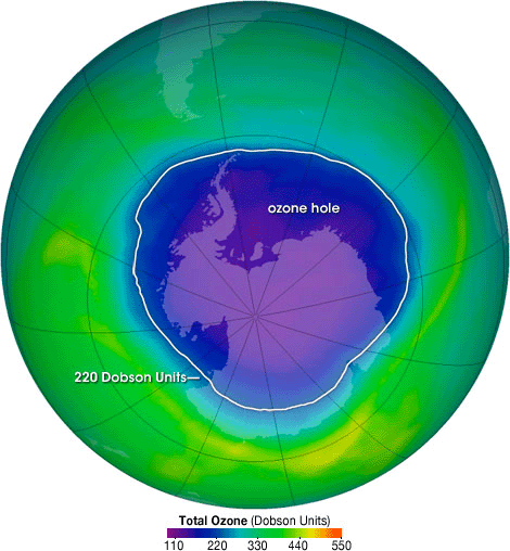 La couche d'ozone au niveau du pôle sud le 4 octobre 2004. © Nasa