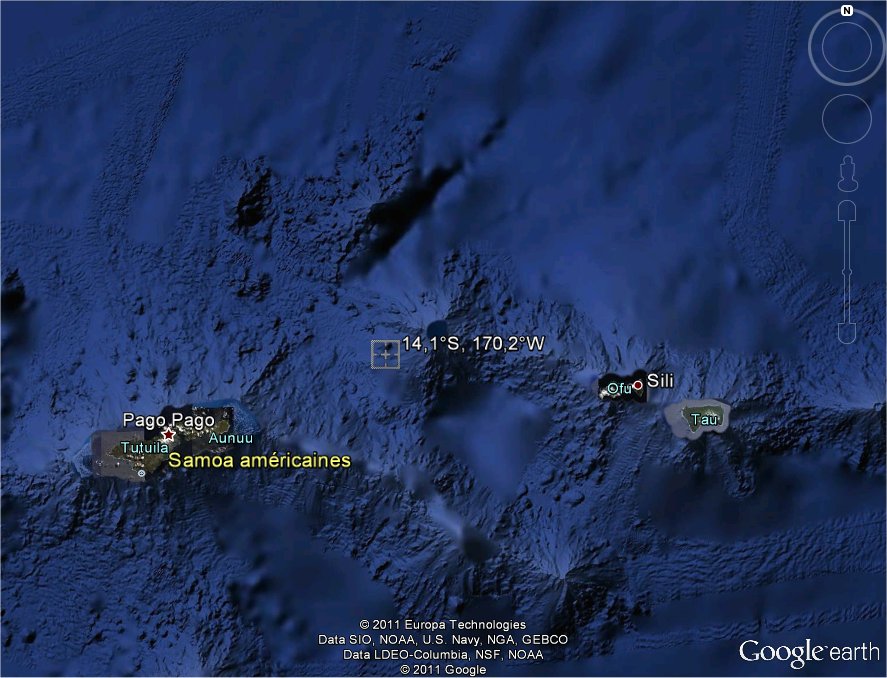La zone de la chute d'UARS : dans les Samoa américaines, entre les îles Tutuila et Sili (image Google Earth).