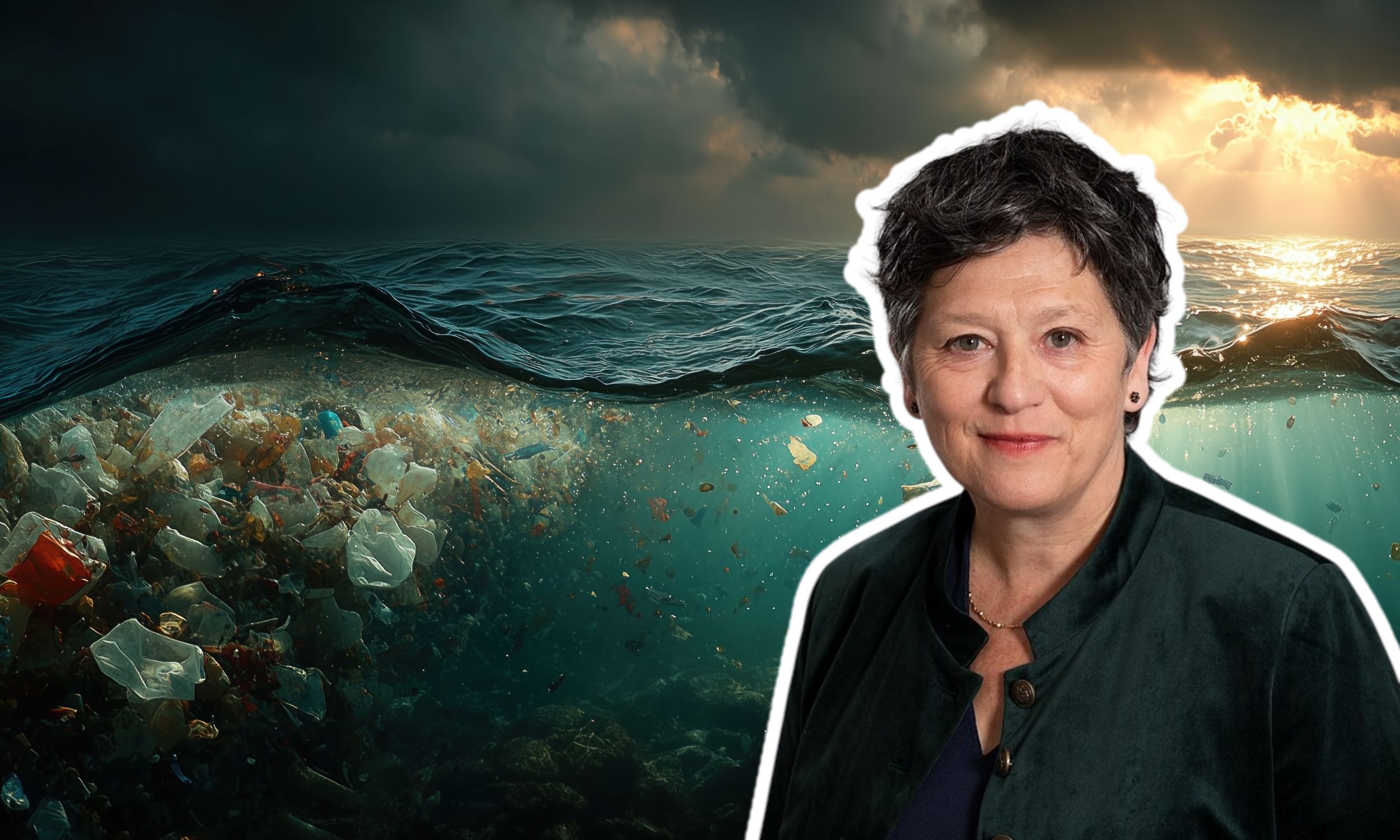 « Même si ça prend du temps, il faut attendre et écouter la voix de la science », souligne Isabelle Verdier. Isabelle Verdier : © Léa Servais, Wikimedia Commons - Océan plastique : © Pakorn, Adobe Stock