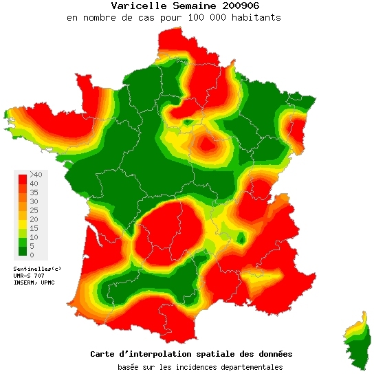 La carte de la varicelle pour la semaine du 2 au 8 février 2009. La couleur rouge indique une incidence supérieure à 40 cas pour 10.000 habitants © Réseau Sentinelles