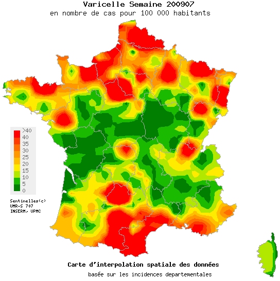 L'épidémie de varicelle tarde à décroître et touche particulièrement certaines régions, notamment le Languedoc-Roussillon, une partie de la Normandie et le Nord-Pas-de-Calais. © Réseau Sentinelles
