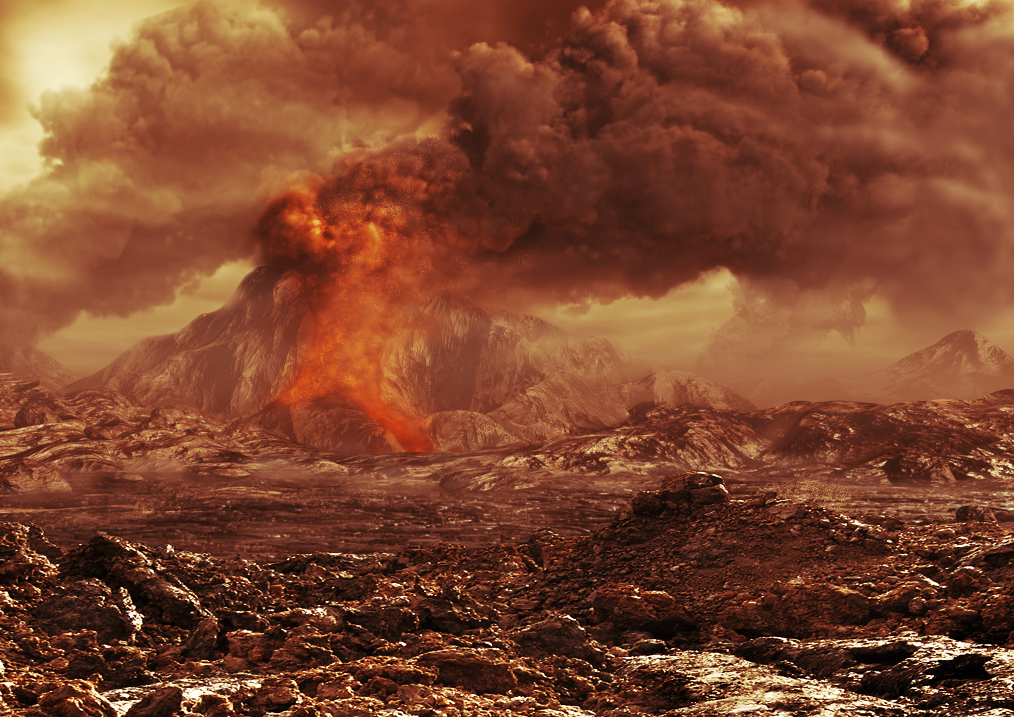 Une vue d'artiste montrant une éruption volcanique sur Vénus. La totalité de sa surface est constituée de volcans, de coulées, de caldeiras et de dômes. © Esa, AOES