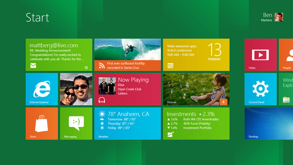 L’interface Metro de Windows 8, pensée pour les terminaux à écran tactile, s’inspire de Windows Phone. © Microsoft