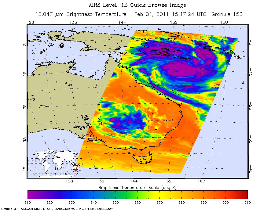 Image en infrarouge prise le 2 février à 15 h TU, soit la fin de nuit à l'est de l'Australie), par l'instrument AIRS (Atmospheric Infrared Sounder) du satellite de surveillance météorologique Aqua. © Nasa/JPL-Caltech