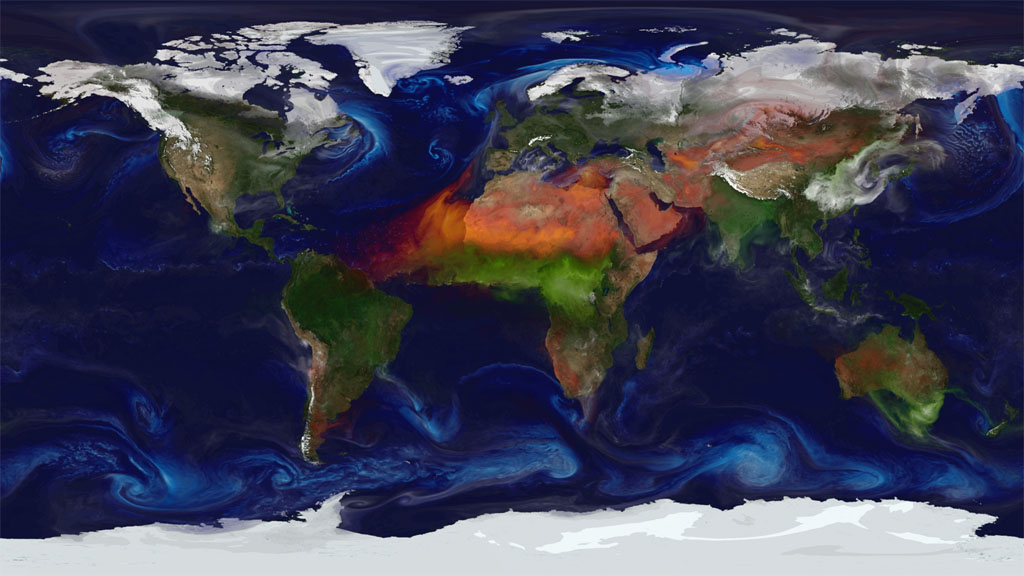 Des vastes incendies sur l'Afrique centrale et l'Australie émettent en masse des aérosols (en vert) dans l'atmosphère. Les vents dans le Sahara propagent en outre d'importantes quantités de poussière. © Nasa