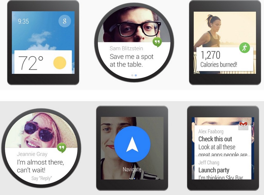 Android Wear est une version d’Android adaptée aux accessoires et vêtements intelligents, parmi lesquels figurent les montres. Ces captures montrent les différentes fonctionnalités auxquelles les utilisateurs auront accès, un grand nombre pouvant être activées à la voix après avoir prononcé la phrase « OK Google » suivie d’une commande. © Google