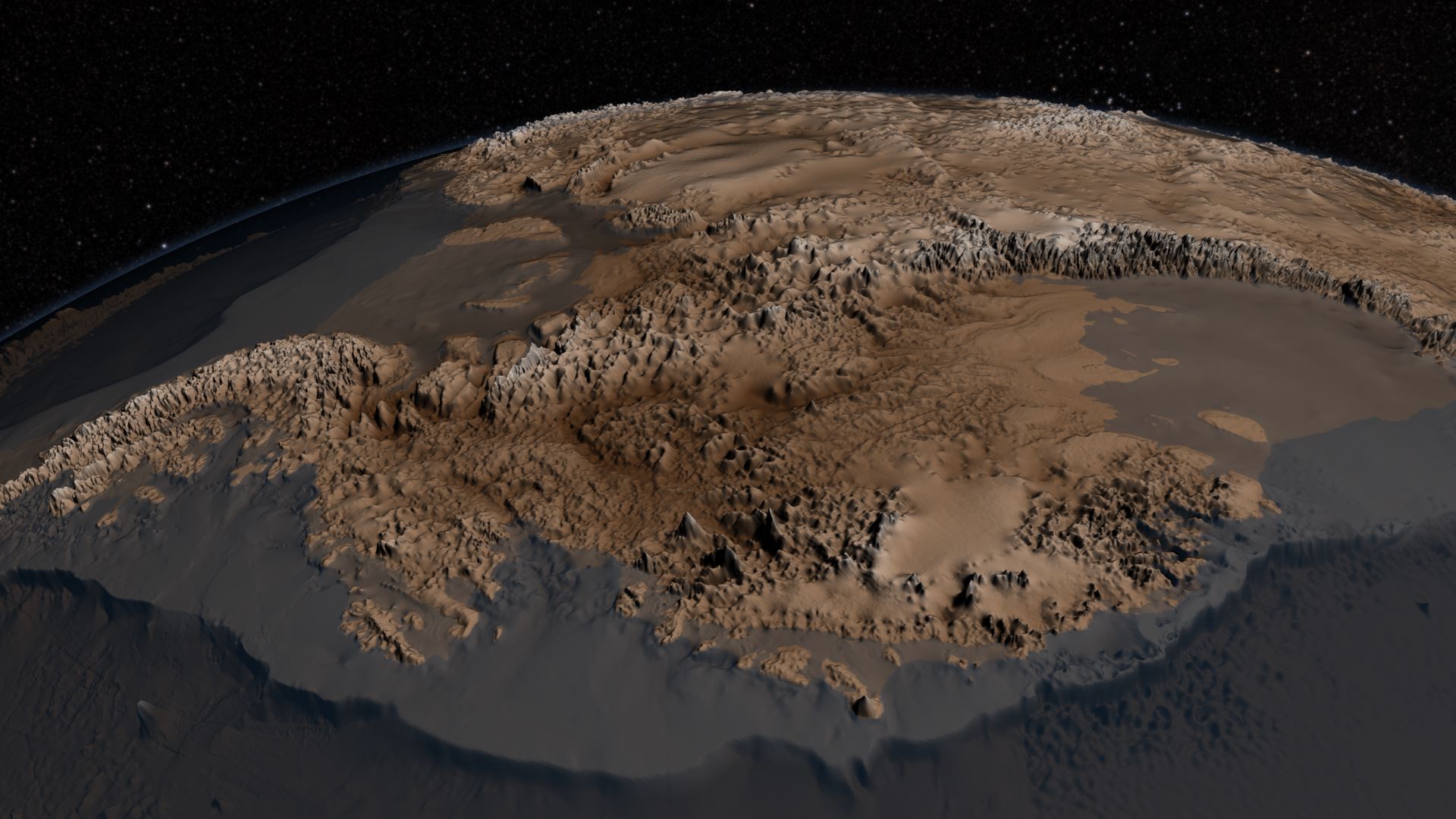 Sur cette image déduite des données collectées pour Bedmap2, la topographie réelle de l'Antarctique est révélée. Les altitudes ont été multipliées par 17, afin de rendre le relief plus facilement interprétable. ©&nbsp;Nasa's Goddard Space Flight Center