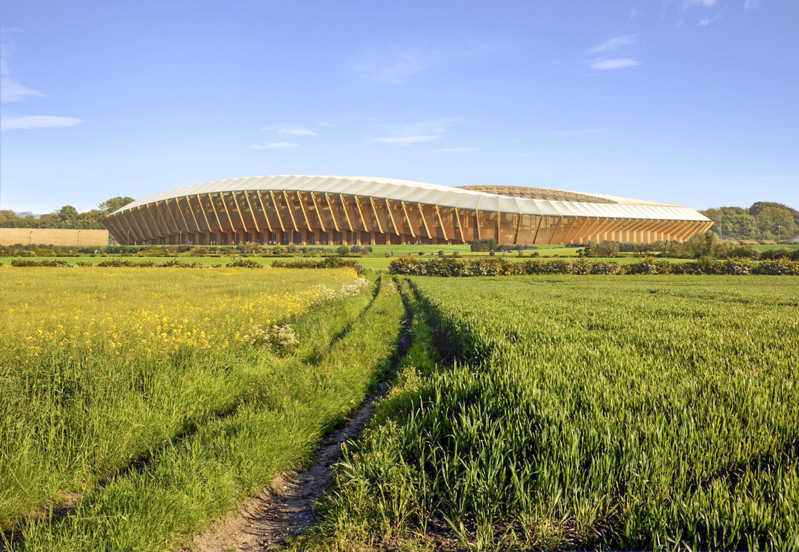 Le futur Eco Park Stadium, stade de football, entièrement fait de bois, signé par le bureau Zaha Hadid Architects. © Courtesy of Zaha Hadid Architects, Negativ