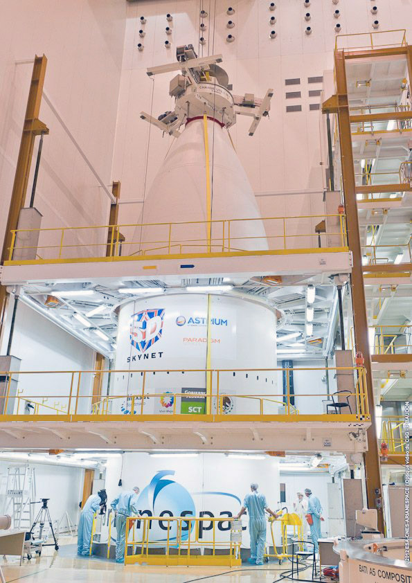 La coiffe du lanceur qui abrite les satellites Skynet 5D, en position haute et Mexsat Bicentenario en position basse. © Arianespace