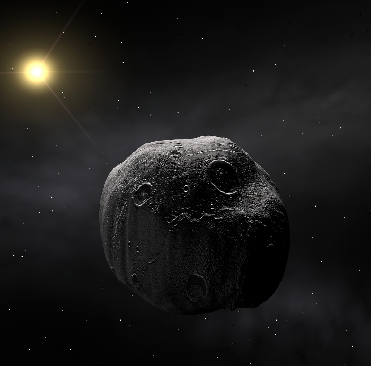 Dans la nuit du 8 au 9 juillet, l'astéroïde 472 Roma occultera pendant quelques secondes la brillante étoile Delta Ophiuchi grâce à un alignement fortuit avec la Terre. Cette vision d'artiste permet d'imaginer ce que verrait une sonde spatiale circulant dans la ceinture d'astéroïdes. Crédit Eso
