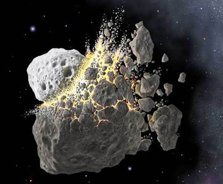 Une représentation d'artiste de la collision à l'origine de la famille d'astéroïdes des Baptistina. © Don Davis