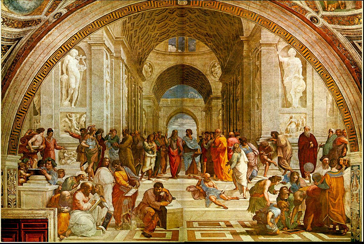 L'école d'Athènes, par Raphaël. Ce tableau représente plusieurs des grands penseurs de l'antiquité. Au centre, illustrant le débat millénaire entre la théorie et l'expérience, Platon discute avec Aristote. Platon a été représenté avec les traits de Léonard de Vinci.