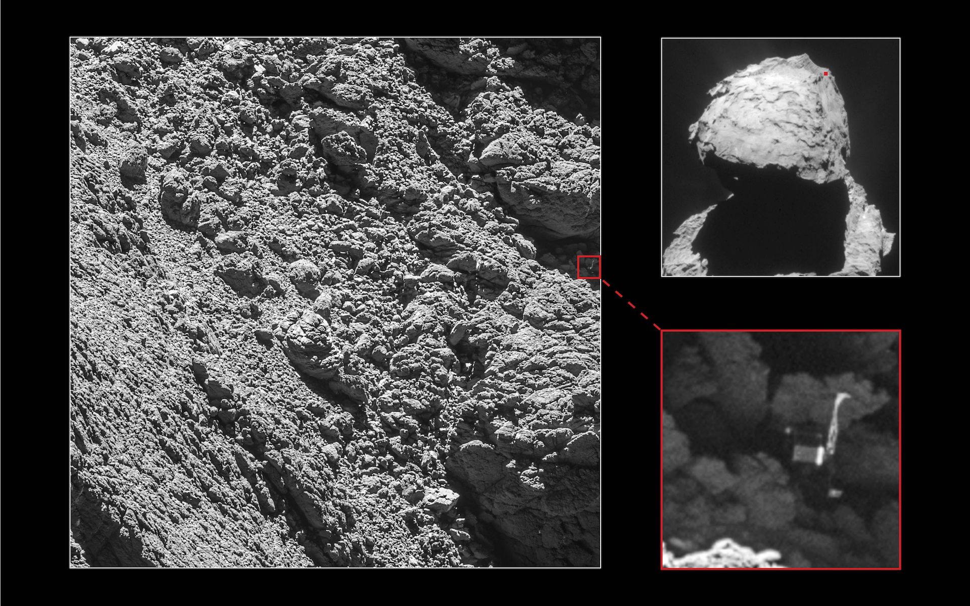 Le robot Philae, large d’un mètre, a été retrouvé sur le noyau de la comète Tchouri à l’endroit supposé par le Cnes. Cette image a été prise par Rosetta le 2 septembre 2016, à 2,7 km de distance. © ESA, Rosetta, MPS for OSIRIS Team MPS, UPD, LAM, IAA, SSO, INTA, UPM, DASP, IDA, NavCam – CC BY-SA IGO 3.0