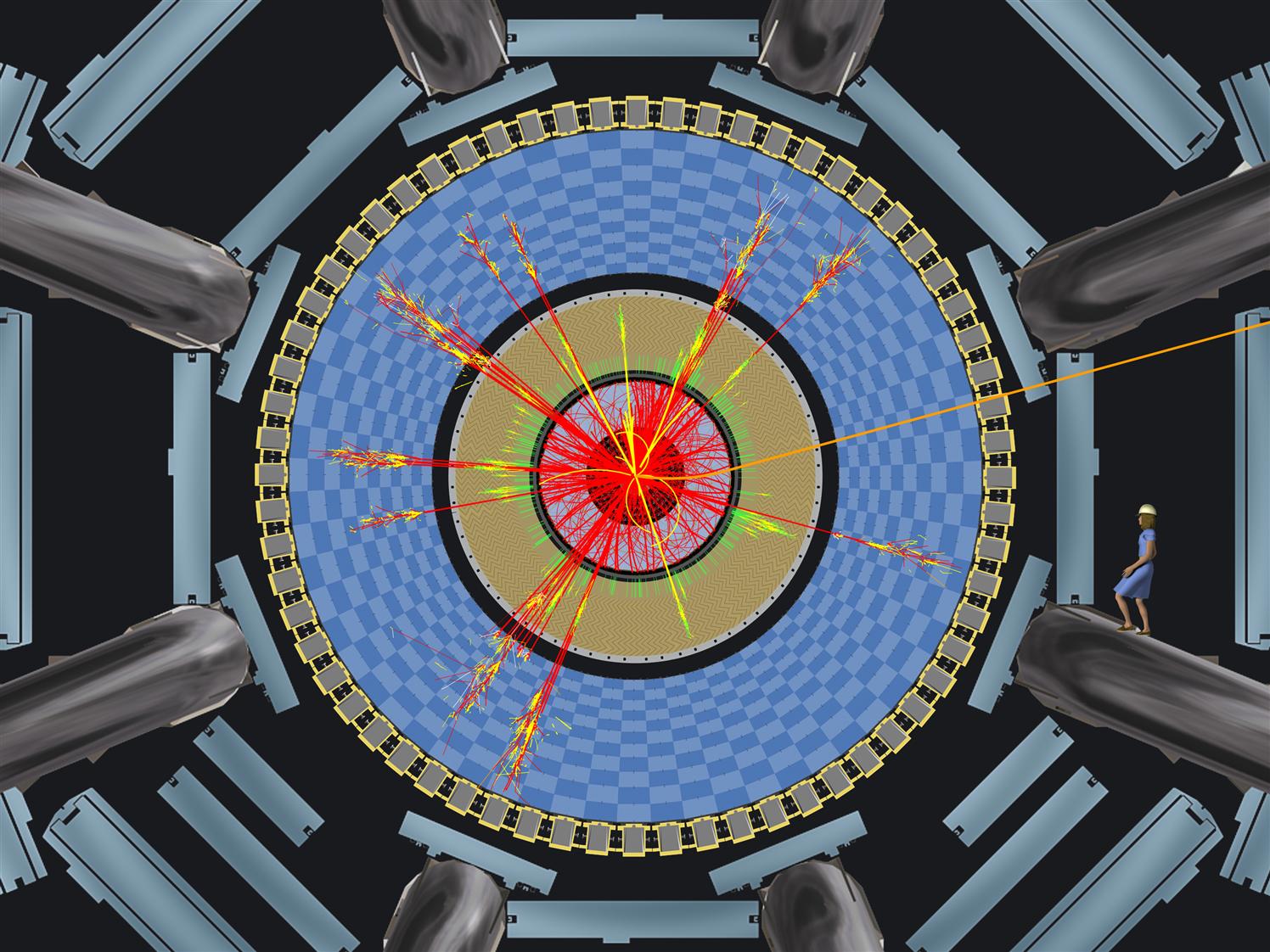 Une représentation des particules émises par l'évaporation d'un mini trou noir dans le détecteur Atlas, notez la taille de la personne à droite du schéma. Crédit : Cern