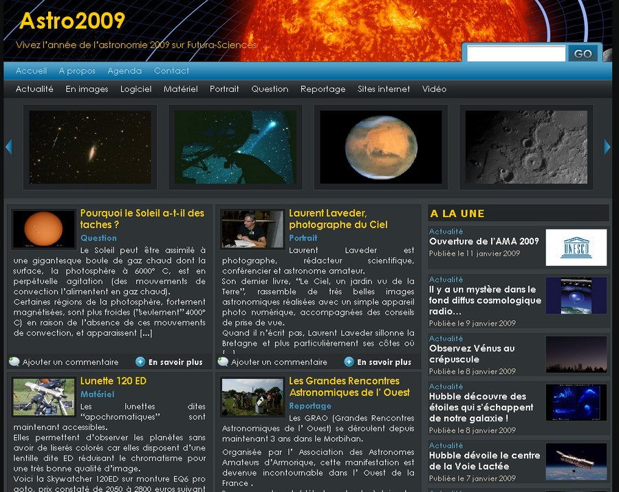 Page d'accueil du blog Astro 2009.
