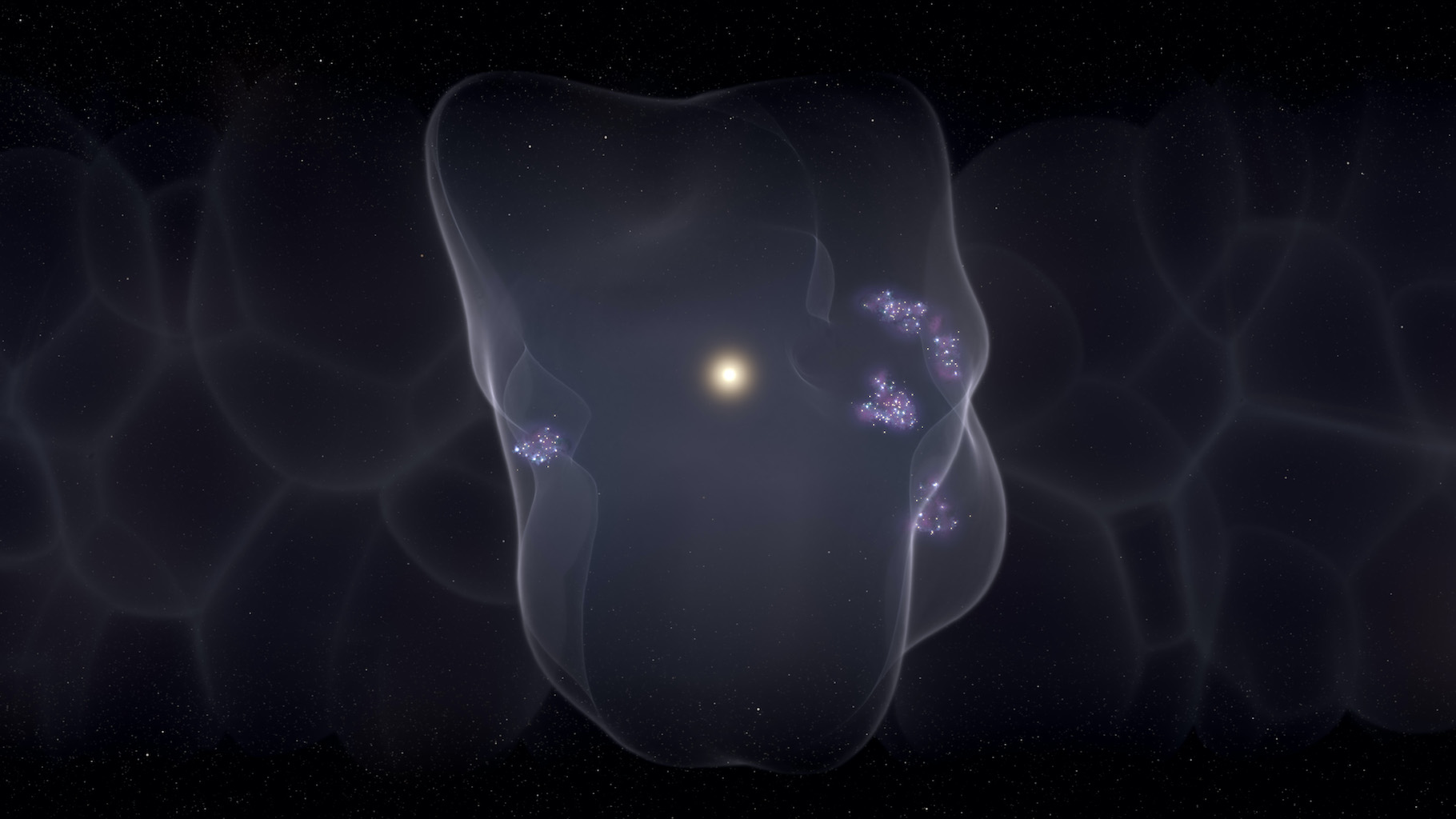 Sur cette vue d’artiste, la bulle locale qui entoure le Système solaire et sur laquelle des chercheurs de l’université de Harvard et du Space Telescope Science Institute (STScl, États-Unis) nous apprennent aujourd’hui que toutes les étoiles de nos environs se forment. Le résultat d’une série d’explosions d’étoiles massives en supernovae. © Leah Hustak, STScl