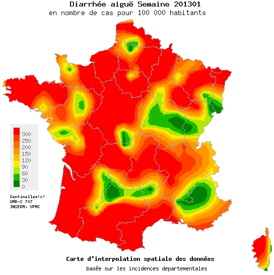 La gastroentérite sévit sur la majorité de la France. Seules quelques régions, signalées en vert, ne sont pas touchées par l'épidémie, qui devrait désormais commencer à reculer.&nbsp;© Réseau Sentinelles