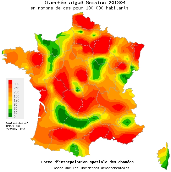 La France était encore presque entièrement rouge la semaine précédente, signe que l'épidémie de gastroentérite était intense sur tout le territoire. Mais la maladie recule et l'Hexagone reverdit. © Réseau Sentinelles