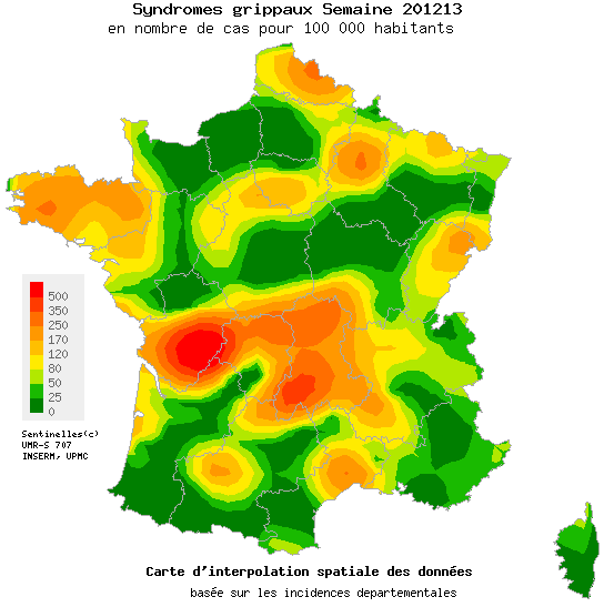 La carte de France de la grippe a fini de rougir. Le vert recommence à s'imposer sur le pays, même si la région Poitou-Charentes se démarque encore un peu. © Réseau Sentinelles