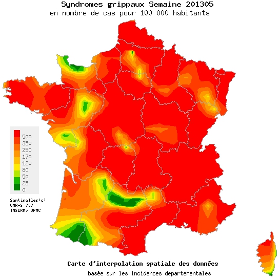 La grande majorité de la France est&nbsp;dans le rouge concernant l'épidémie de grippe. Seules quelques régions tirent leur épingle du jeu.&nbsp;À priori, dans les semaines à venir, le vert devrait réussir à s'imposer davantage...&nbsp;© Réseau Sentinelles