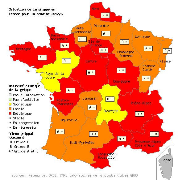 L'épidémie de grippe s'installe sur l'ensemble de la métropole. Dix régions sont au-delà du seuil épidémique tandis que les Pays de Loire et l'Auvergne ne constatent qu'une dispersion sporadique. © Grog