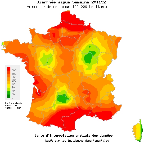 Six régions françaises ont dépassé le seuil épidémique pour la gastroentérite. La maladie risque encore de s'étendre. © Réseau Sentinelles