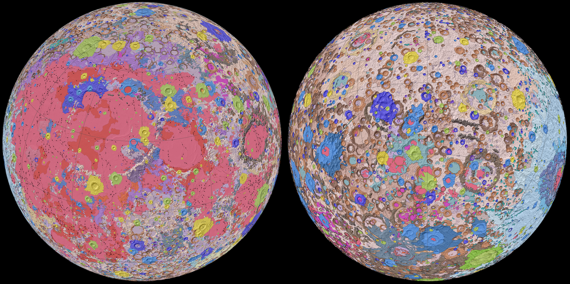 l’Institut d’études géologiques des États-Unis (USGS) vient de publier la première carte géologique de l’ensemble de la surface de la Lune. © Nasa/GSFC/USGS