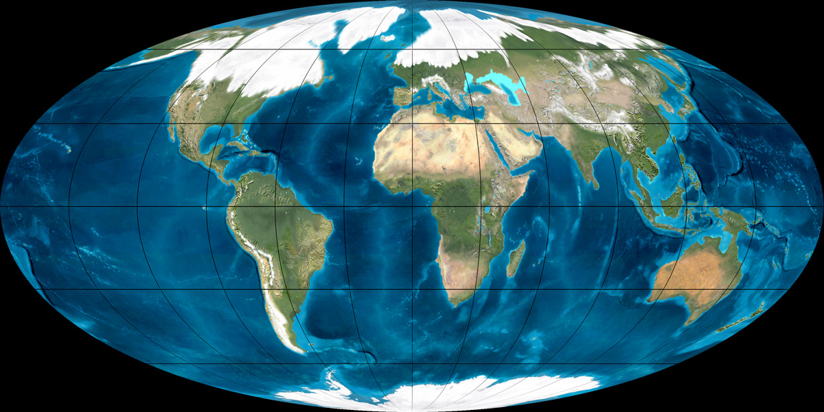 Carte montrant la Terre au Pleistocène, pendant une période de glaciation. À cette époque, le fer dictait les variations de température et imposait son rythme au cycle des glaciations. &copy; Université du nord de l'Arizona, DR