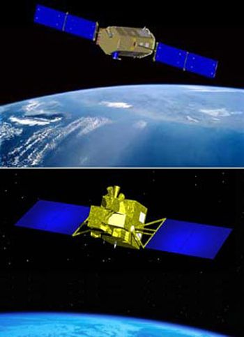 De haut en bas, les satellites Américain OCO et japonais GOSAT. Crédit ESA.