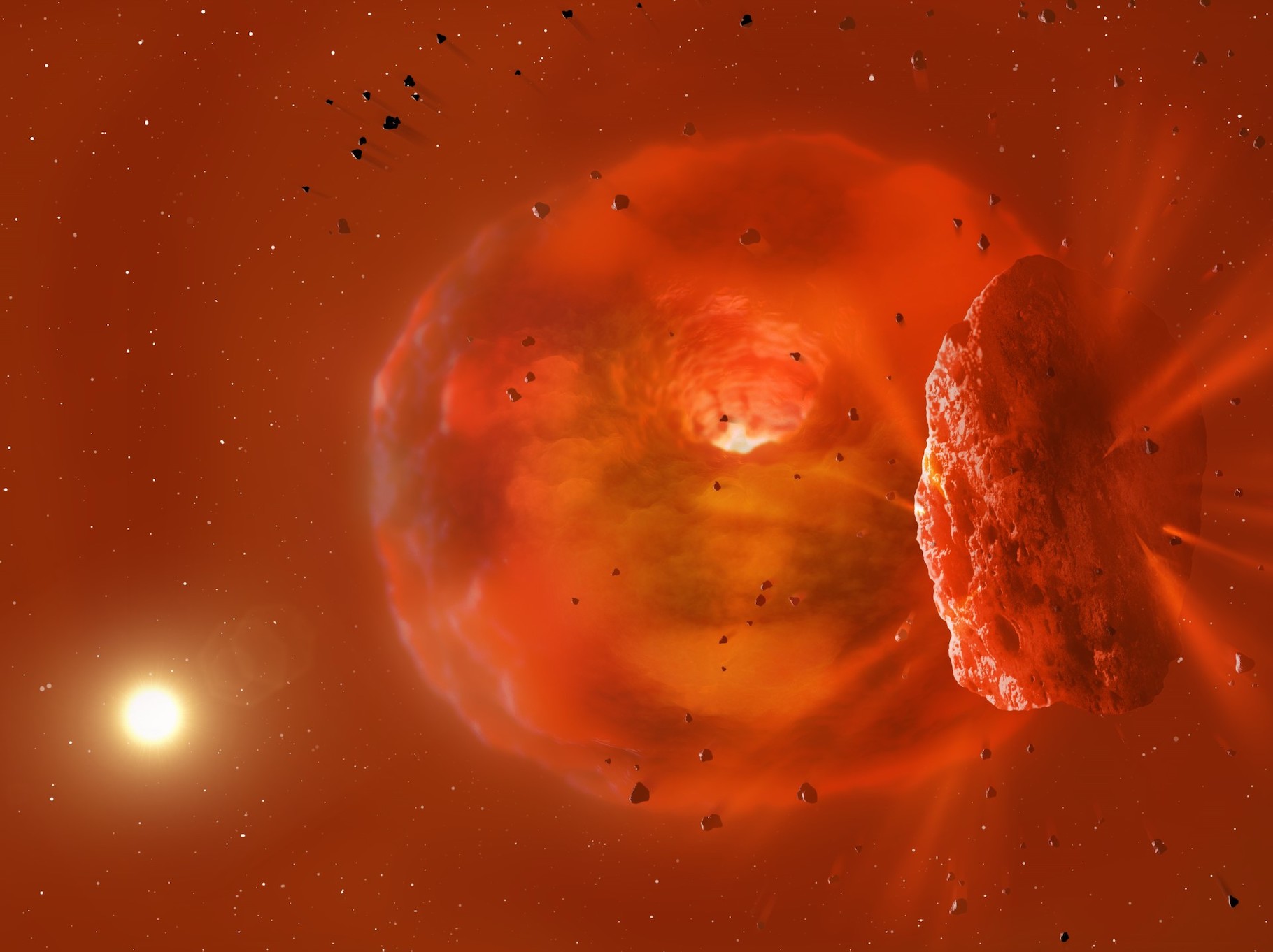 Deux exoplanètes géantes seraient entrées en collision. Ici, l’énorme corps brillant produit par l’événement. Au premier plan, des fragments de glace et de roche s’éloignent de la collision et se croiseront plus tard entre la Terre et l’étoile hôte visible à l’arrière-plan de l’image. © Mark Garlick, Université de Bristol