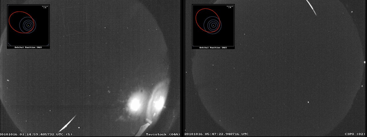Deux bolides, saisis par des caméras de surveillance du ciel le 16 octobre au-dessus du continent nord américain, présentent des orbites similaires à celle de la comète 103P/Hartley 2. © Uwo/Nasa/Bill Cooke