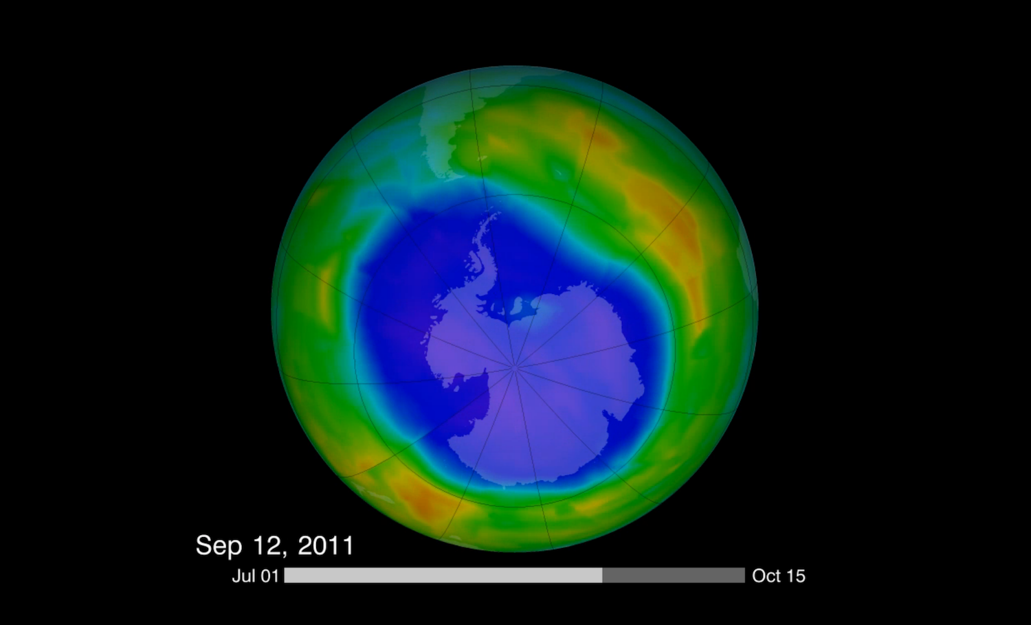 Les activités humaines ont brisé l’équilibre fragile entre destruction et formation de la couche d’ozone. Cette image montre l’étendue du trou dans la couche d’ozone, en date du&nbsp;12 septembre 2011. © NASA Goddard Space Flight Center, Flickr, CC by 2.0