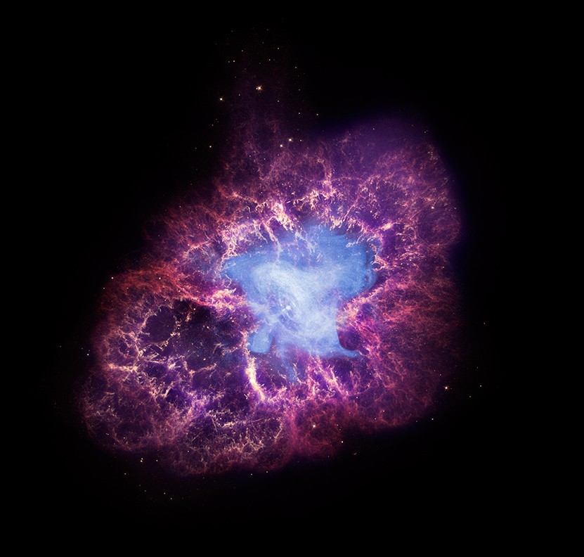 Une composition des images de trois télescopes spatiaux de la Nasa révèle toute la complexité de la nébuleuse du Crabe. Crédit Nasa