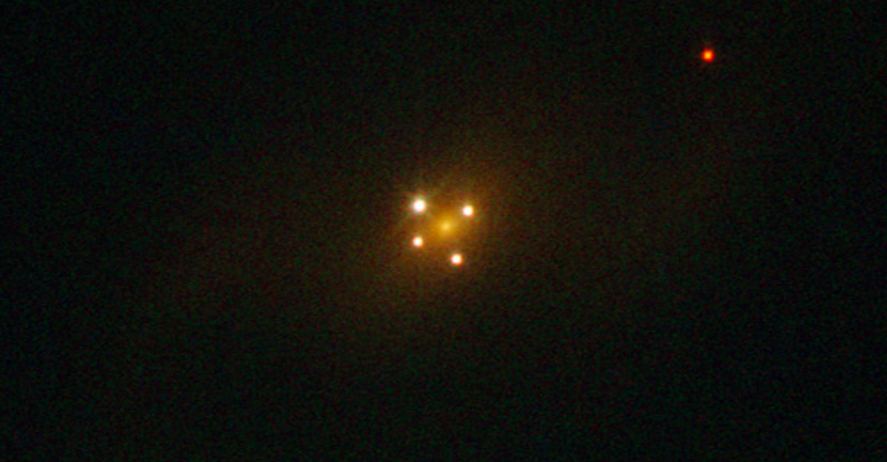En 2011, le télescope spatial Hubble avait permis de découvrir cette belle croix d’Einstein formée par un quasar situé à 11 milliards d’années-lumière de notre Terre, dans la direction de la constellation de Pégase. © ESA/Hubble &amp; Nasa