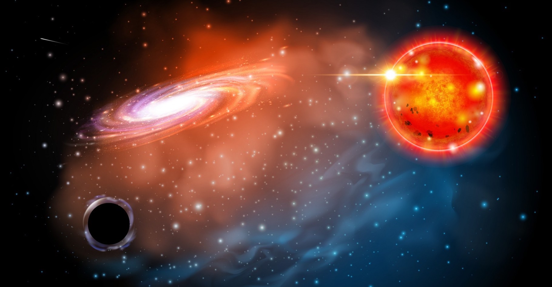 Des chercheurs de l’université de l’État de l’Ohio (États-Unis) ont imaginé que des mini-trous noirs pourraient être détectés grâce à l’analyse des spectres de la lumière émise par leurs compagnons stellaires. Ici, une vue d’artiste de celui qu’ils pensent avoir découvert à proximité d’une géante rouge. © Jason Shults, Ohio State University