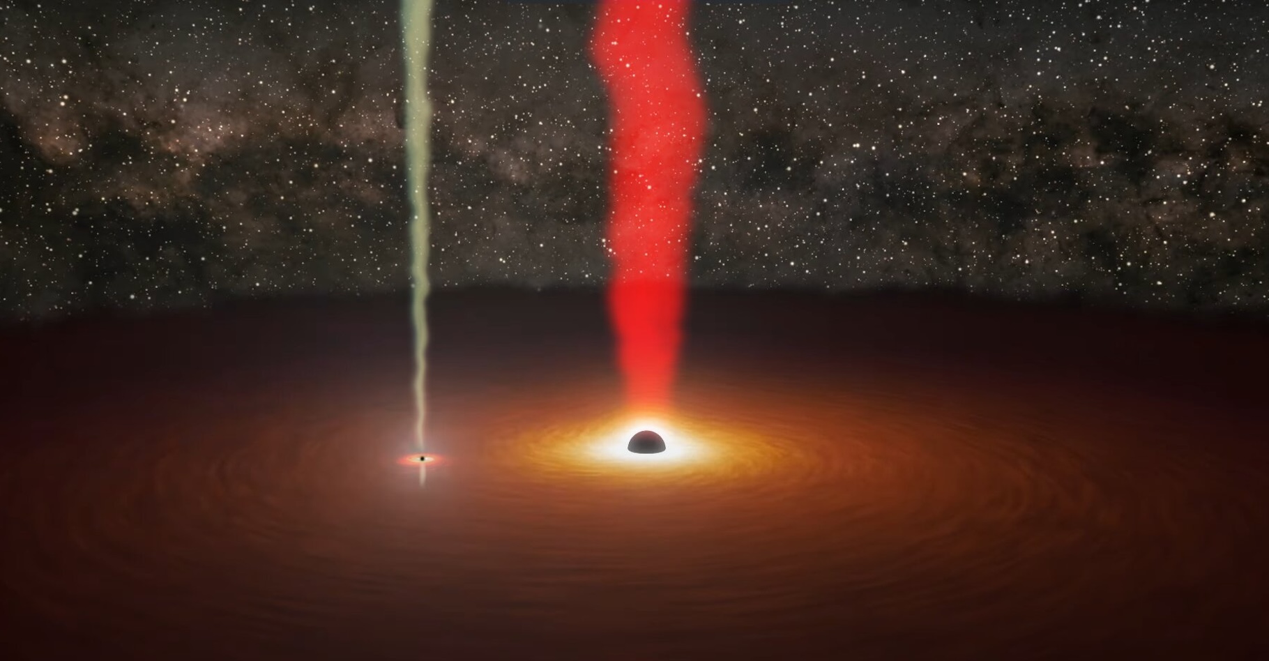 En observant avec Tess (Transiting Exoplanet Survey Satellite) les jets émis par des trous noirs, des chercheurs de l’université de Turku (Finlande) ont obtenu la preuve de l’existence d’un petit trou noir en orbite autour d’un plus grand. © Nasa, JPL-Caltech, R. Blessé (IPAC) et M. Mugrauer (AIU Jena)
