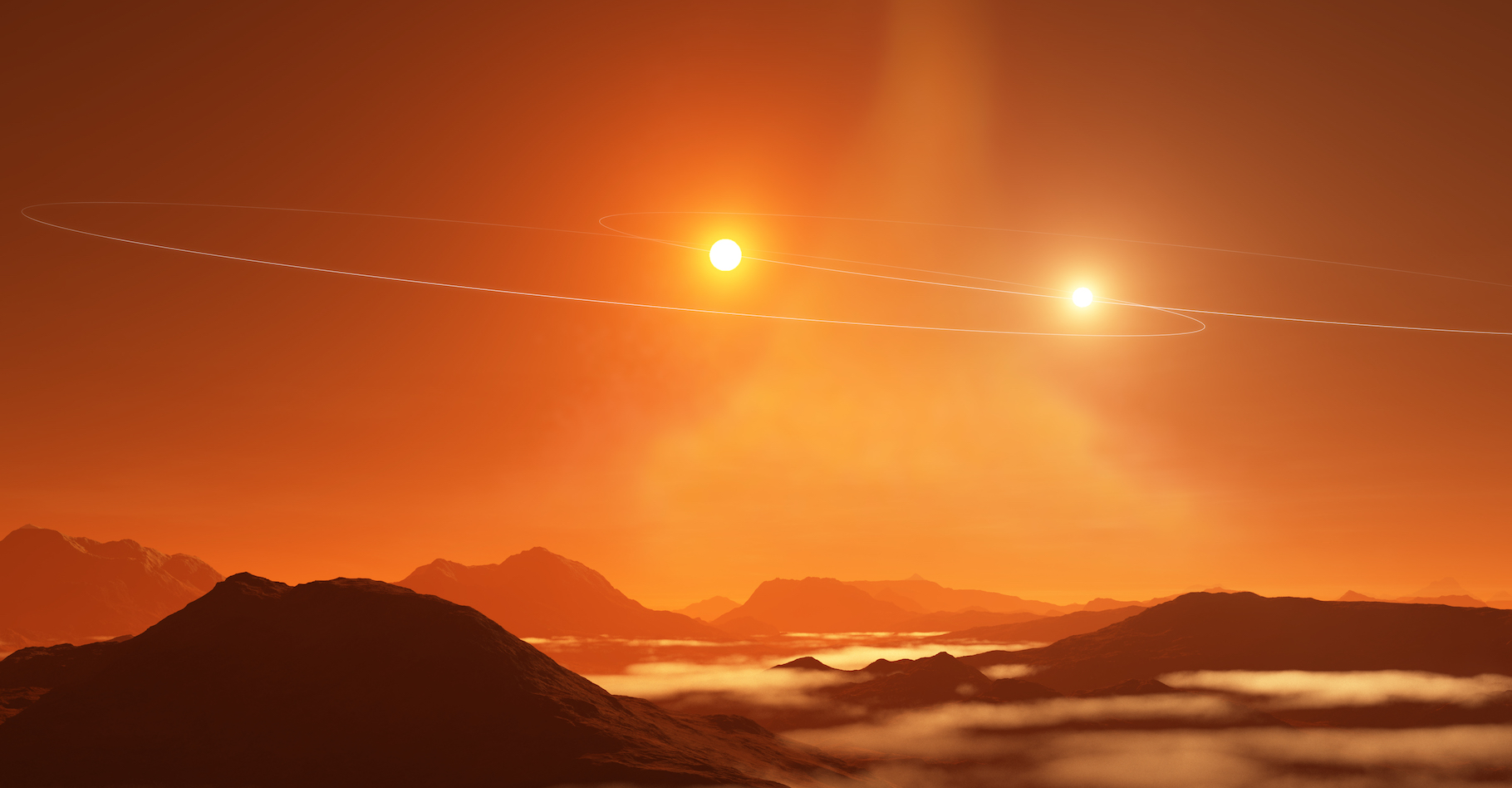 Une vue d’artiste d’un double coucher de soleil sur une exoplanète de type Tatooine se formant dans un disque circumbinaire mal aligné avec les orbites de ses étoiles. © NRAO/AUI/NSF, S. Dagnello