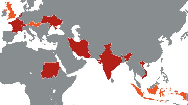 En rouge, les pays où Symantec a détecté une infection : France, Hollande, Inde, Iran, Soudan, Suisse, Ukraine et Vietnam. En orange, les pays où des cas ont été rapportés par d'autres distributeurs : Autriche, en Hongrie, en Indonésie, au Royaume-Uni. © Symantec
