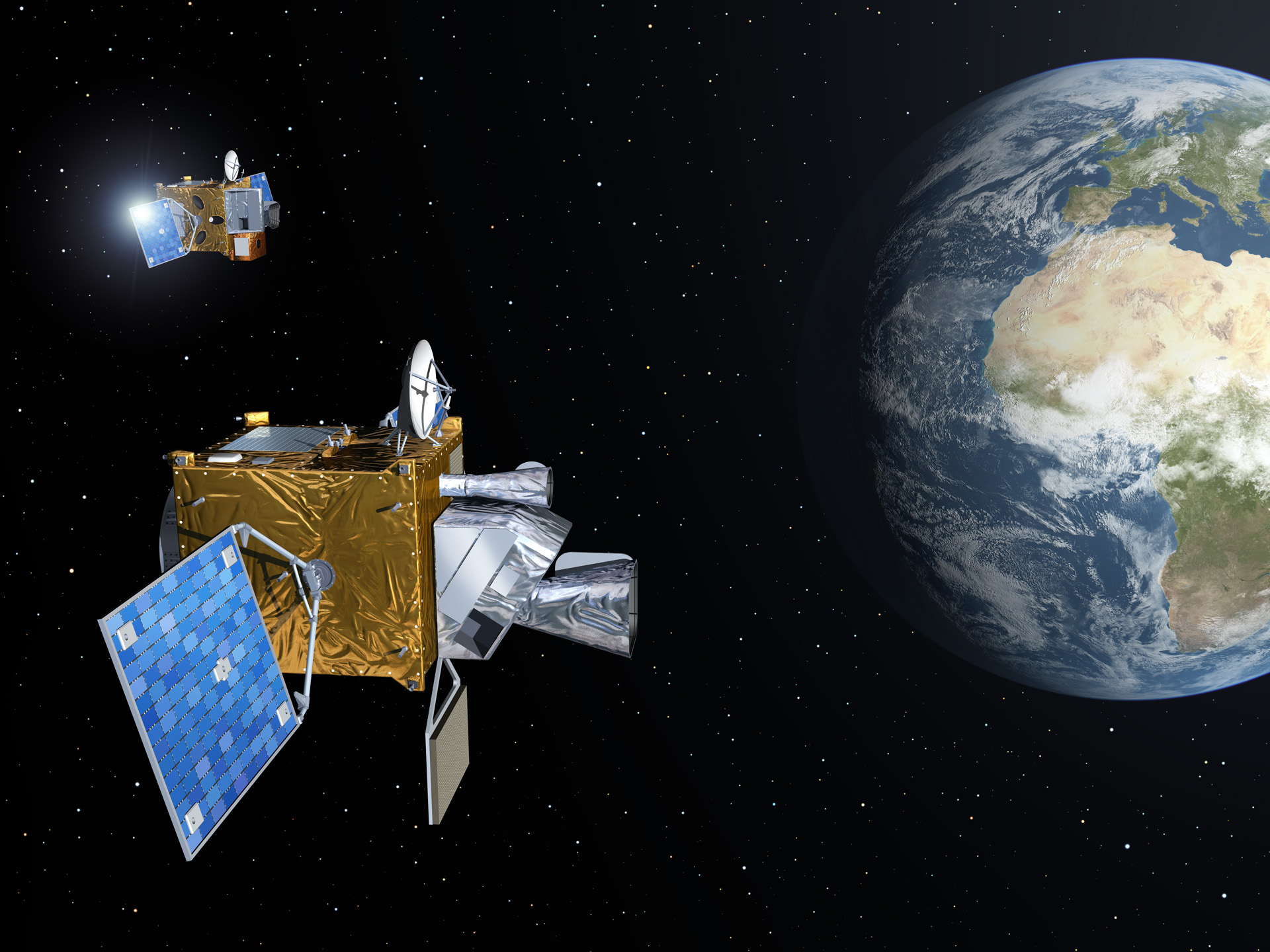 Les satellites Meteosat de troisième génération (MTG) en version imagerie et sondage. L’approvisionnement du segment spatial portera sur quatre satellites d’imagerie MTG-I et deux satellites de sondage MTG-S. © Esa/ P. Carril