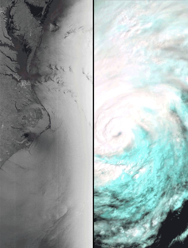 Deux images pour un même ouragan, Irène. © Esa