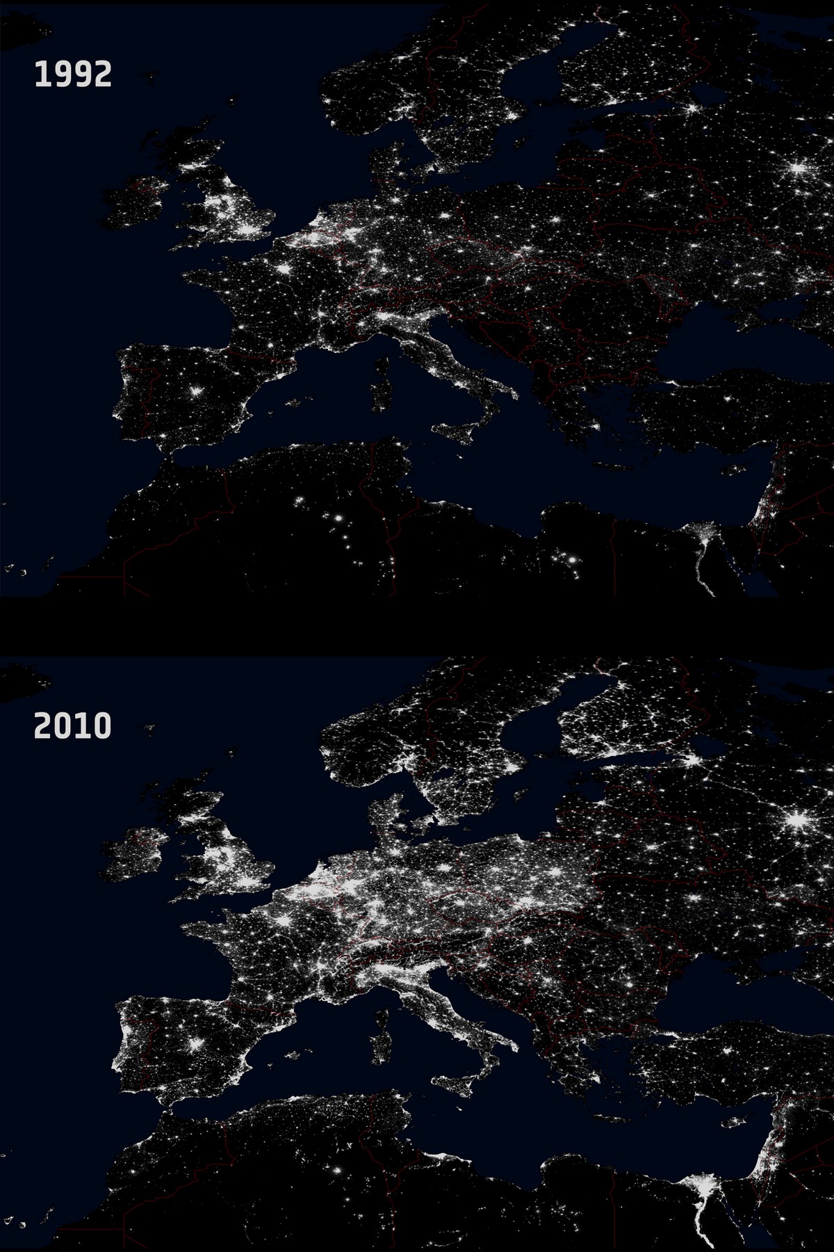 Dix-huit ans séparent ces deux images prises par les satellites américains DMSP. Elles révèlent l'augmentation considérable de la pollution lumineuse nocturne en Europe. © NGDC/DMSP/Esa