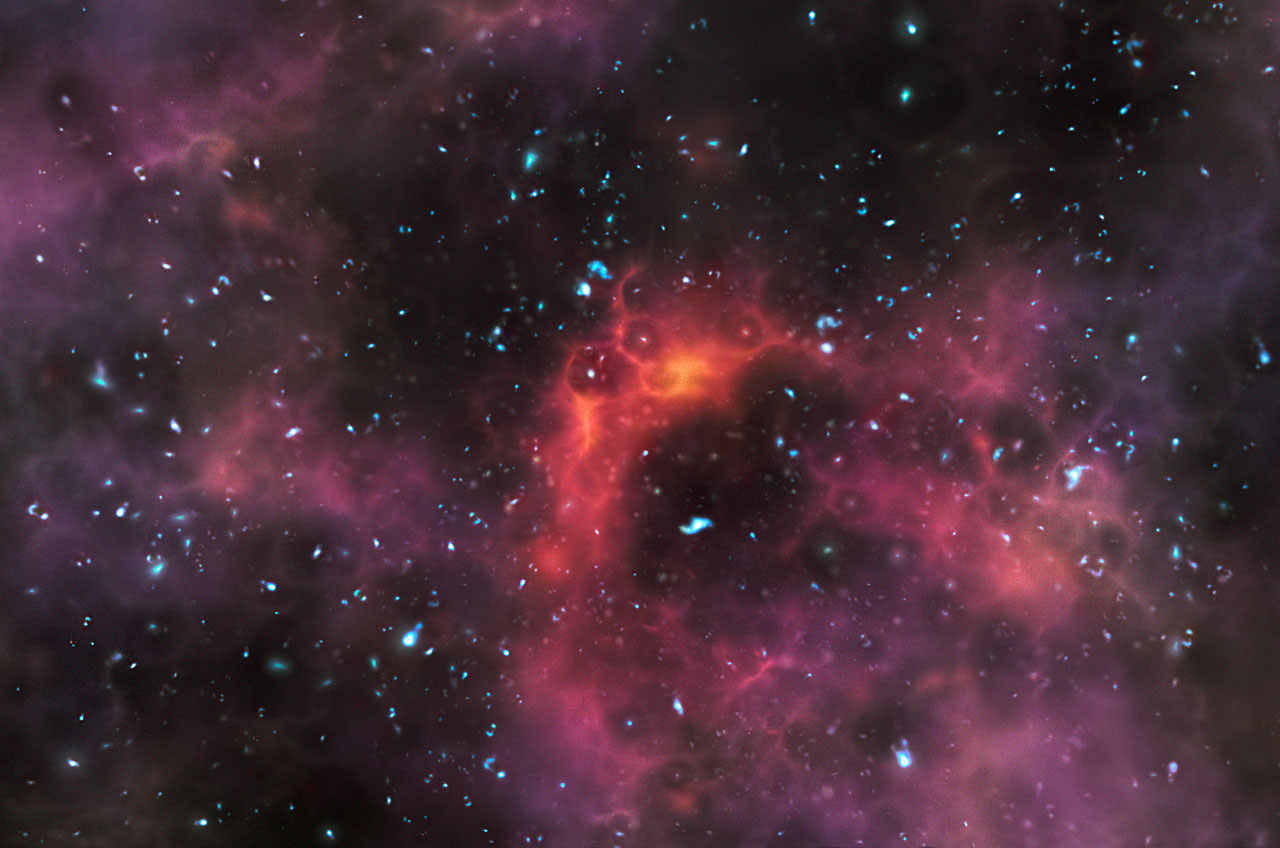 Cette vue d'artiste représente l'univers un milliard d'années après le Big Bang, lorsqu'il a commencé à devenir transparent aux rayons ultraviolets. © ESO/ M. Kornmesser
